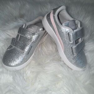 Puma Kids Silver Glitter Sneakers with Pink Stripe